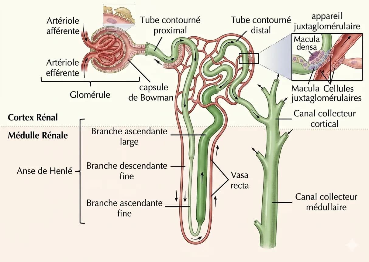 Schéma détaillé d'un néphron : à gauche le glomérule avec ses artérioles afférente et efférente entourées par la capsule de Bowman ; au centre les tubules — tube contourné proximal, anse de Henlé descendante puis ascendante, tube contourné distal ; à droite les canaux collecteurs cortical et médullaire.